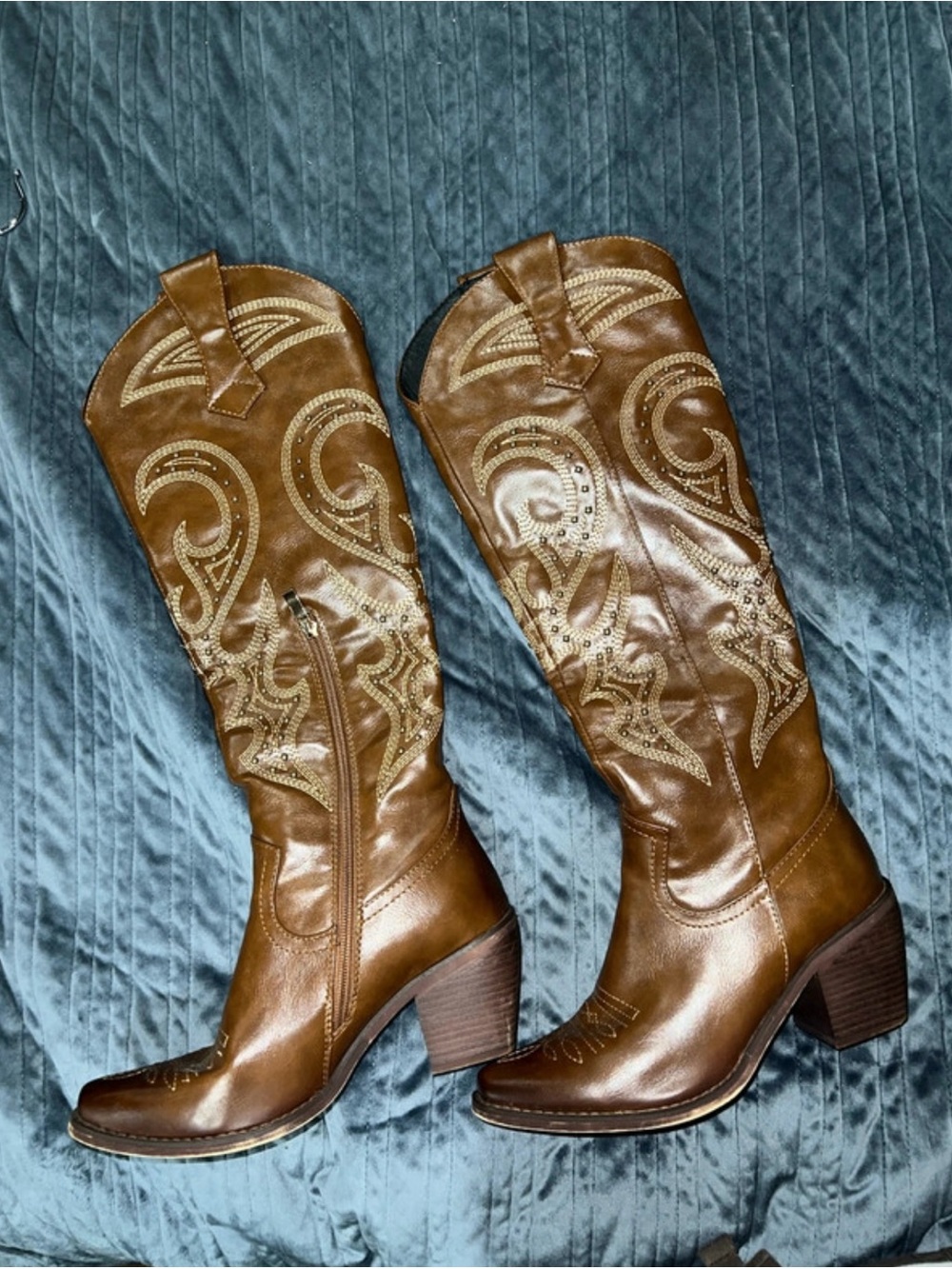 Brown Embroidered Western Knee-High Heeled Boots